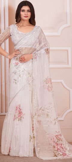 White and Off White color Saree in Organza Silk fabric with Digital Print, Floral, Zircon work