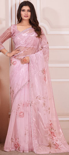 Pink and Majenta color Saree in Organza Silk fabric with Digital Print, Floral, Zircon work