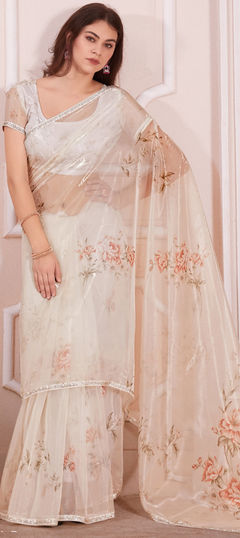 White and Off White color Saree in Organza Silk fabric with Digital Print, Floral, Zircon work