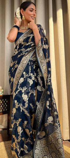 Festive, Traditional Blue color Saree in Banarasi Silk fabric with South Printed, Weaving work : 1943623