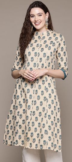 Beige and Brown, Blue color Kurti in Cotton fabric with Printed work