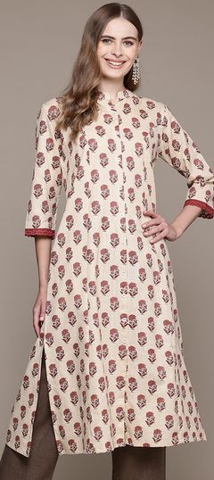 Beige and Brown, Red and Maroon color Kurti in Cotton fabric with Printed work