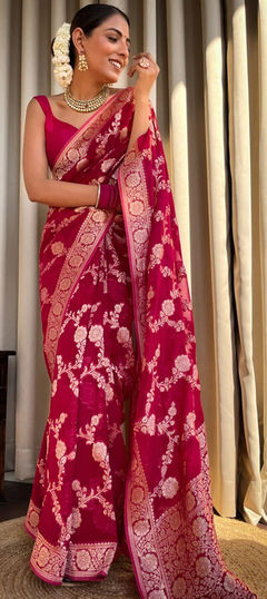 Festive, Traditional Red and Maroon color Saree in Banarasi Silk fabric with South Printed, Weaving work : 1943635