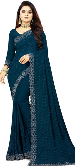 Festive, Reception Blue color Saree in Faux Georgette fabric with Classic Fancy Work work : 1943638