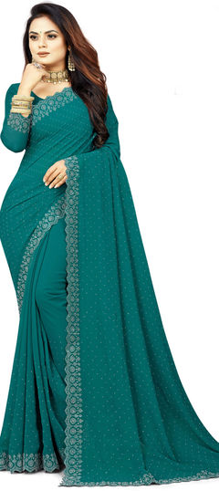 Festive, Reception Green color Saree in Faux Georgette fabric with Classic Fancy Work work : 1943639