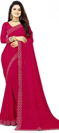 Festive, Reception Pink and Majenta color Saree in Faux Georgette fabric with Classic Fancy Work work : 1943640