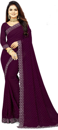 Festive, Reception Purple and Violet color Saree in Faux Georgette fabric with Classic Fancy Work work : 1943642