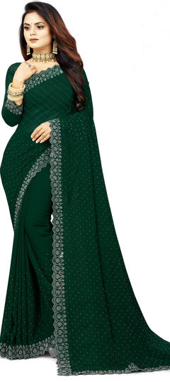 Festive, Reception Green color Saree in Faux Georgette fabric with Classic Fancy Work work : 1943643