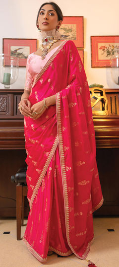 Festive, Reception, Wedding Pink and Majenta color Saree in Viscose fabric with Classic Embroidered, Lace, Thread, Zari work : 1943646