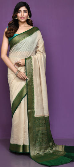 White and Off White color Saree in Silk fabric with Weaving, Zari work