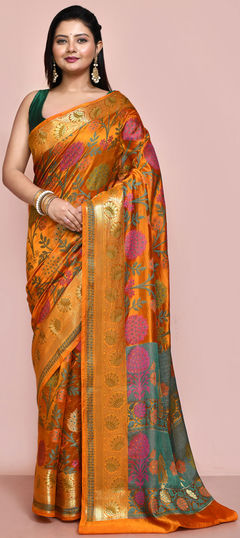 Gold color Saree in Silk fabric with Weaving, Zari work