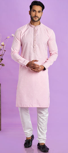 Pink and Majenta color Kurta Pyjamas in Art Silk fabric with Embroidered, Thread work