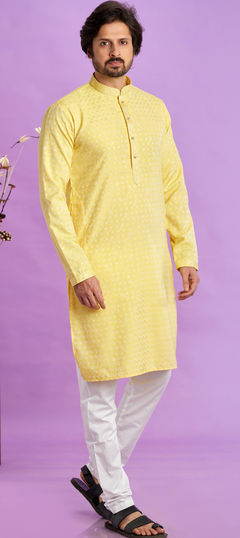 Yellow color Kurta Pyjamas in Art Silk fabric with Embroidered, Thread work