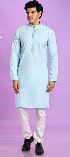 Blue color Kurta Pyjamas in Art Silk fabric with Embroidered, Thread work