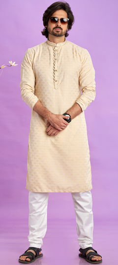 Beige and Brown color Kurta Pyjamas in Art Silk fabric with Embroidered, Thread work