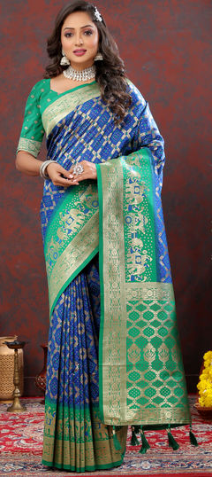 Blue, Green color Saree in Patola Silk fabric with Weaving, Zari work