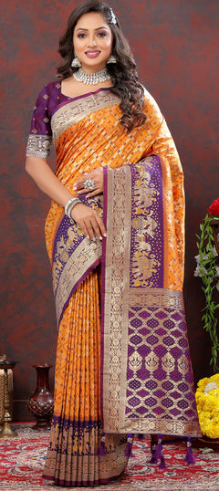 Purple and Violet, Yellow color Saree in Patola Silk fabric with Weaving, Zari work