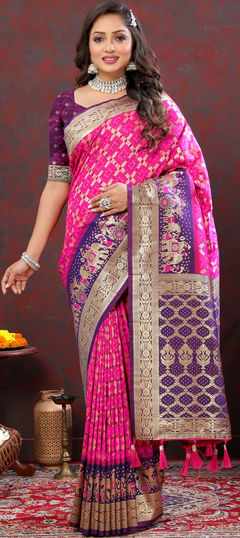 Pink and Majenta, Purple and Violet color Saree in Patola Silk fabric with Weaving, Zari work