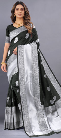 Black and Grey color Saree in Kanjeevaram Silk fabric with Weaving work