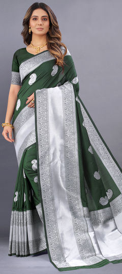 Green color Saree in Kanjeevaram Silk fabric with Weaving work