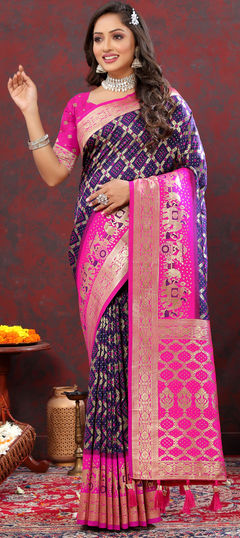 Blue, Pink and Majenta color Saree in Patola Silk fabric with Weaving, Zari work