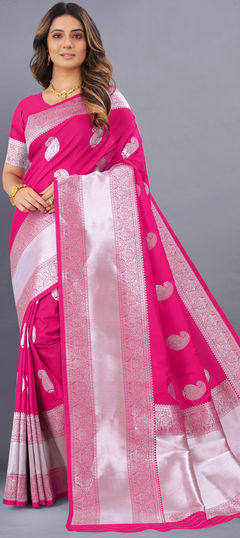 Pink and Majenta color Saree in Kanjeevaram Silk fabric with Weaving work