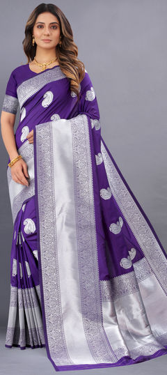 Purple and Violet color Saree in Kanjeevaram Silk fabric with Weaving work