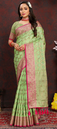 Green color Saree in Silk cotton fabric with Weaving work