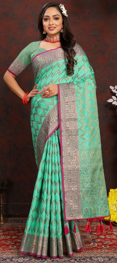 Blue color Saree in Silk cotton fabric with Weaving work