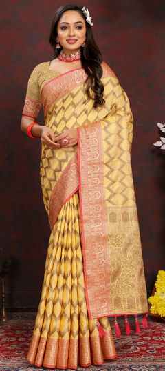 Yellow color Saree in Silk cotton fabric with Weaving work