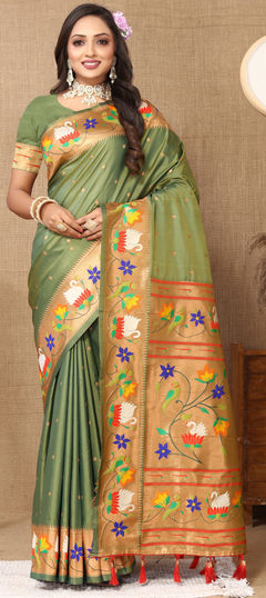 Green color Saree in Silk fabric with Weaving, Zari work