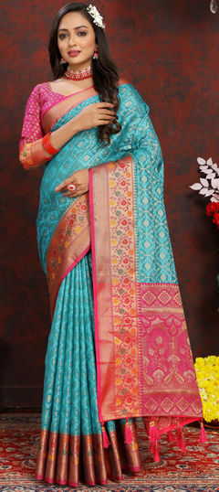 Blue color Saree in Organza Silk fabric with Weaving work