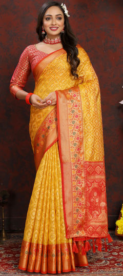 Yellow color Saree in Organza Silk fabric with Weaving work