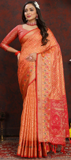 Beige and Brown color Saree in Organza Silk fabric with Weaving work