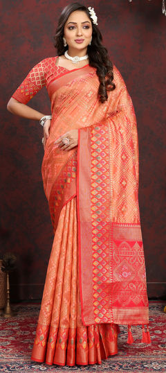 Beige and Brown color Saree in Organza Silk fabric with Weaving work