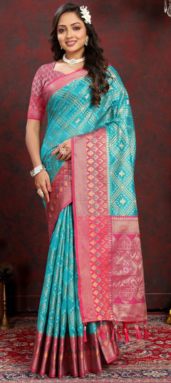 Blue color Saree in Organza Silk fabric with Weaving work