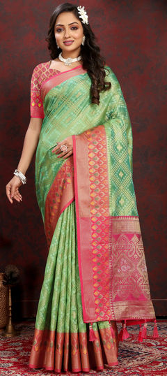 Green color Saree in Organza Silk fabric with Weaving work