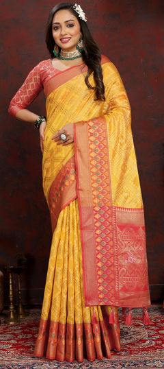 Yellow color Saree in Organza Silk fabric with Weaving work