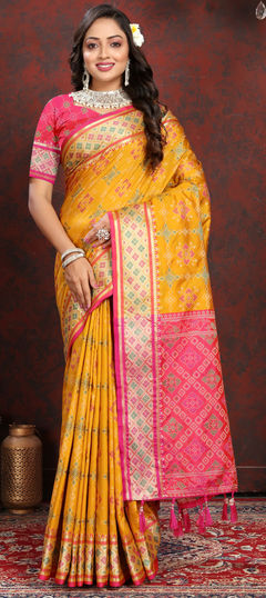 Yellow color Saree in Patola Silk fabric with Weaving, Zari work