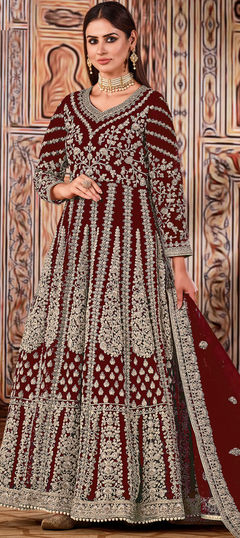 Red and Maroon color Salwar Kameez in Net fabric with Embroidered, Sequence work