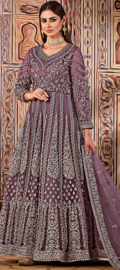 Purple and Violet color Salwar Kameez in Net fabric with Embroidered, Sequence work