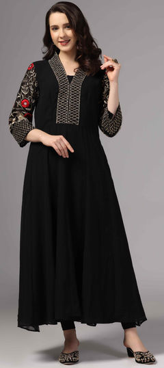 Black and Grey color Kurti in Georgette fabric with Embroidered, Stone, Thread, Zari work