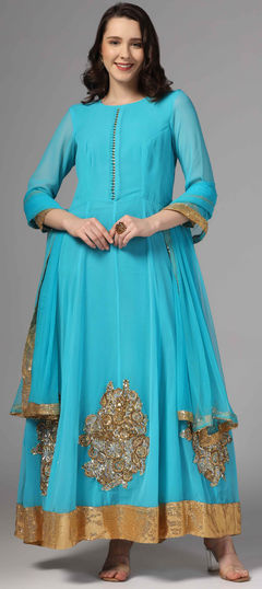 Blue color Salwar Kameez in Georgette fabric with Embroidered, Sequence, Thread, Zari work