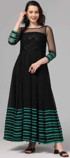 Black and Grey color Kurti in Georgette fabric with Lace work