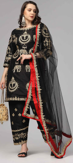 Black and Grey color Salwar Kameez in Raw Silk fabric with Sequence, Thread, Zari work