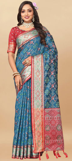 Blue color Saree in Patola Silk fabric with Printed, Weaving work