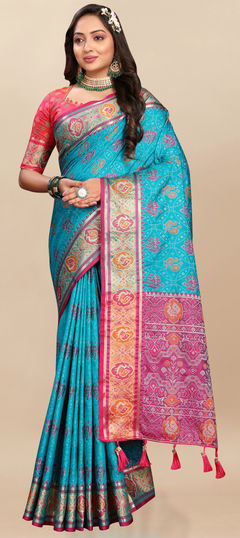 Reception, Traditional Blue color Saree in Patola Silk fabric with South Weaving, Zari work : 1943977