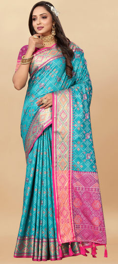 Blue color Saree in Patola Silk fabric with Printed, Weaving work