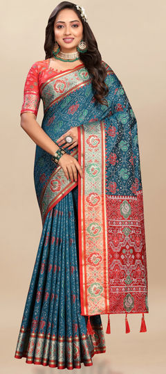 Blue color Saree in Patola Silk fabric with Weaving, Zari work