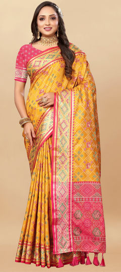 Yellow color Saree in Patola Silk fabric with Printed, Weaving work